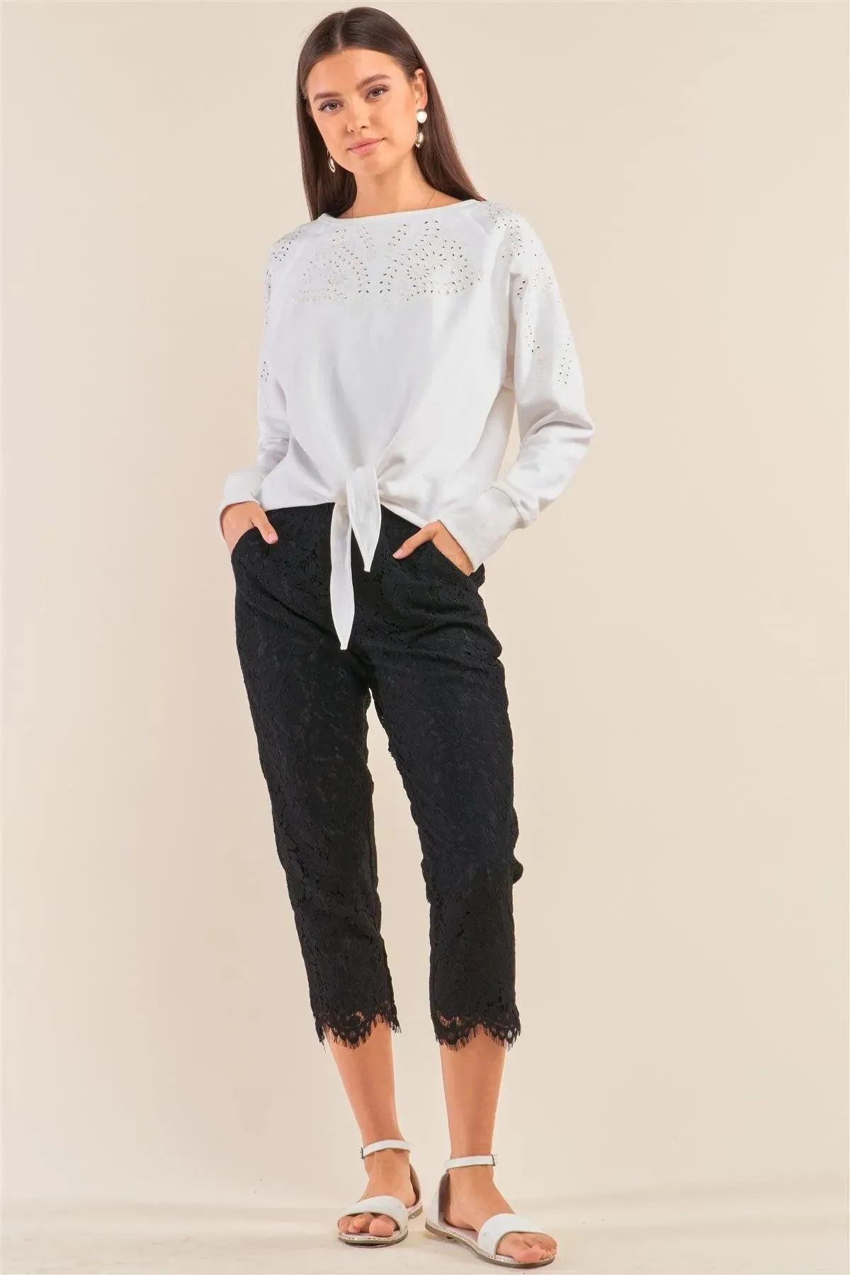 White Eyelet Embroidery Long Sleeve Front Self-Tie Hem Detail Sweater /1-2-2-1