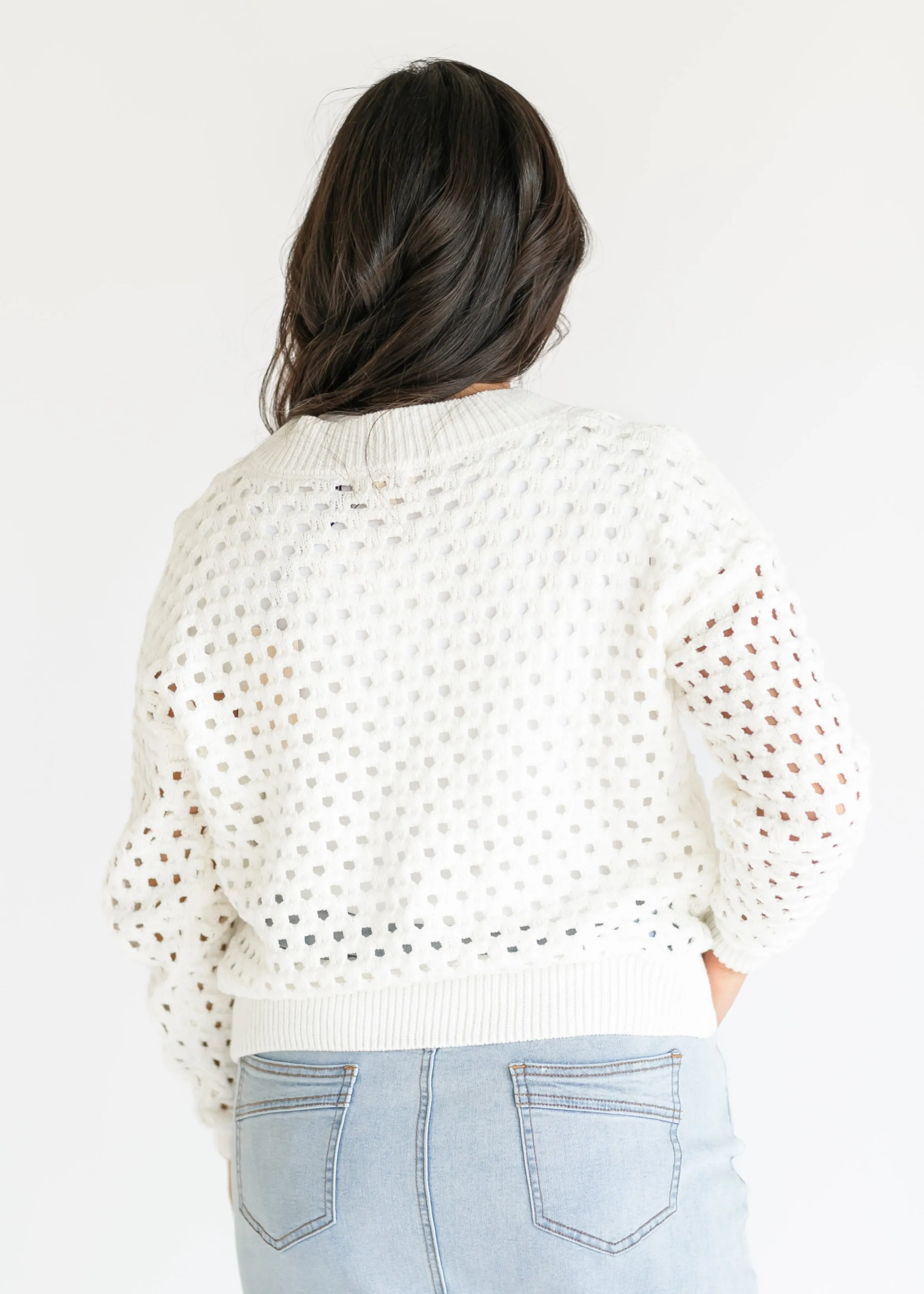 White Open Knit Zip Front Cardigan
