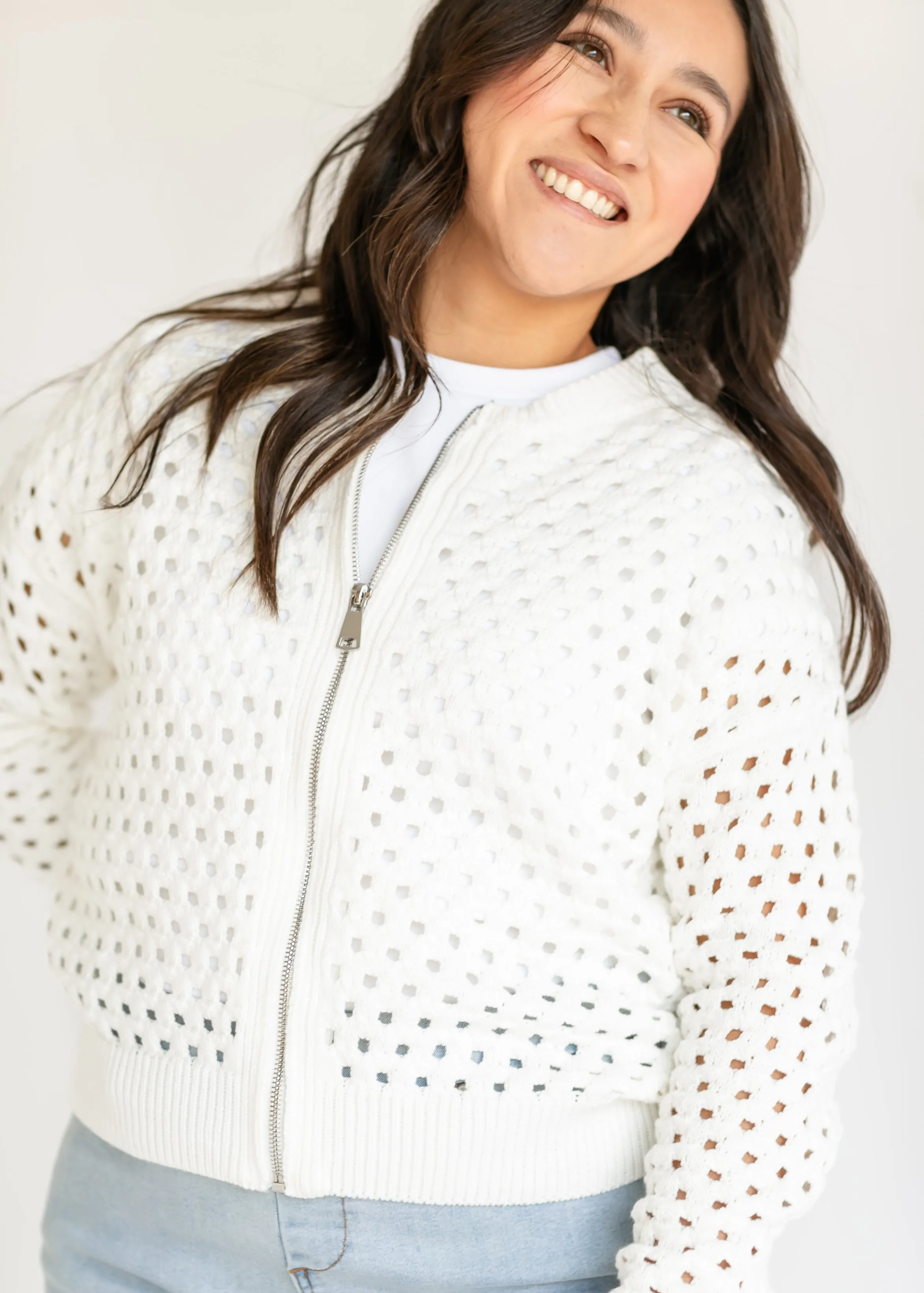 White Open Knit Zip Front Cardigan