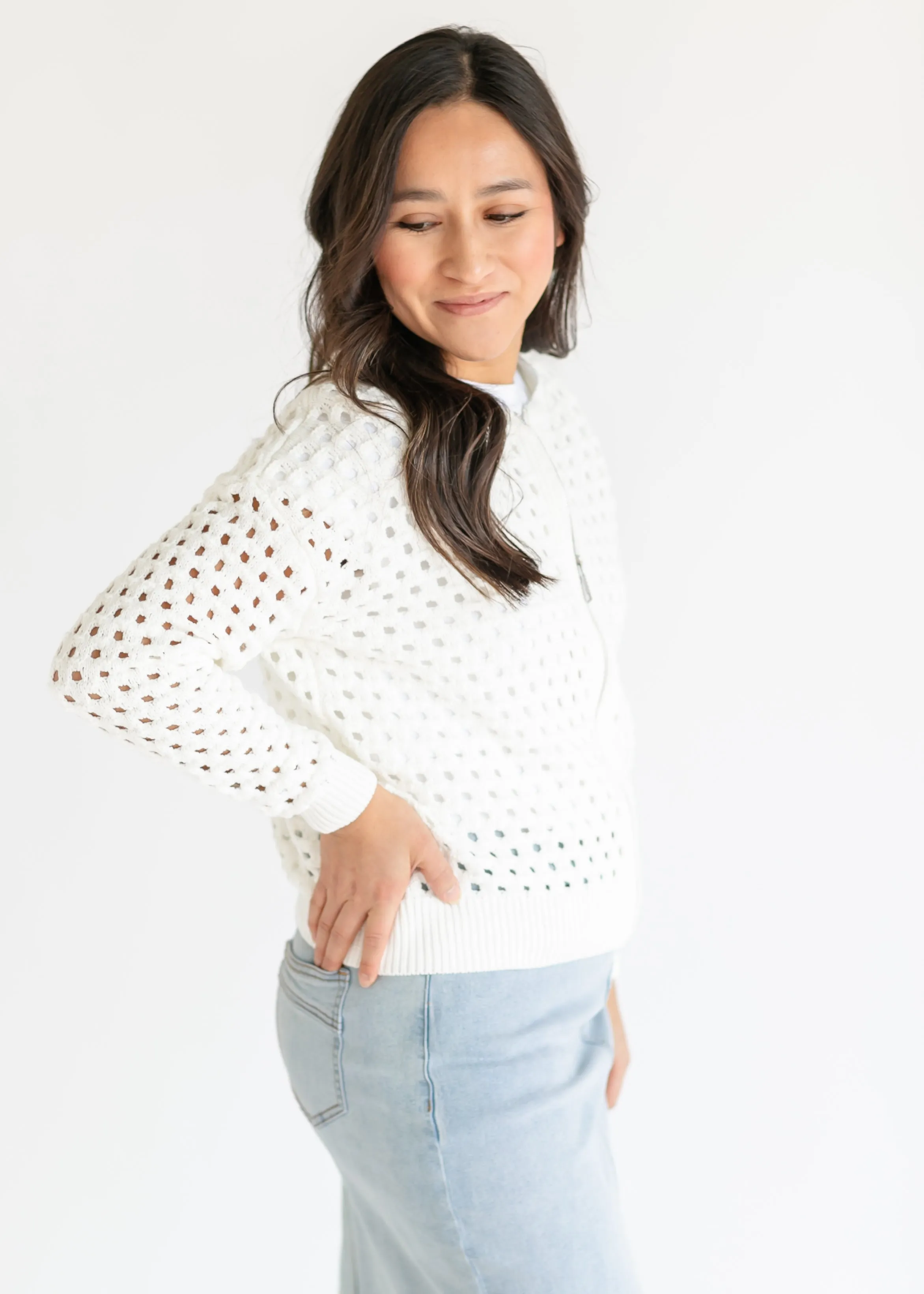White Open Knit Zip Front Cardigan