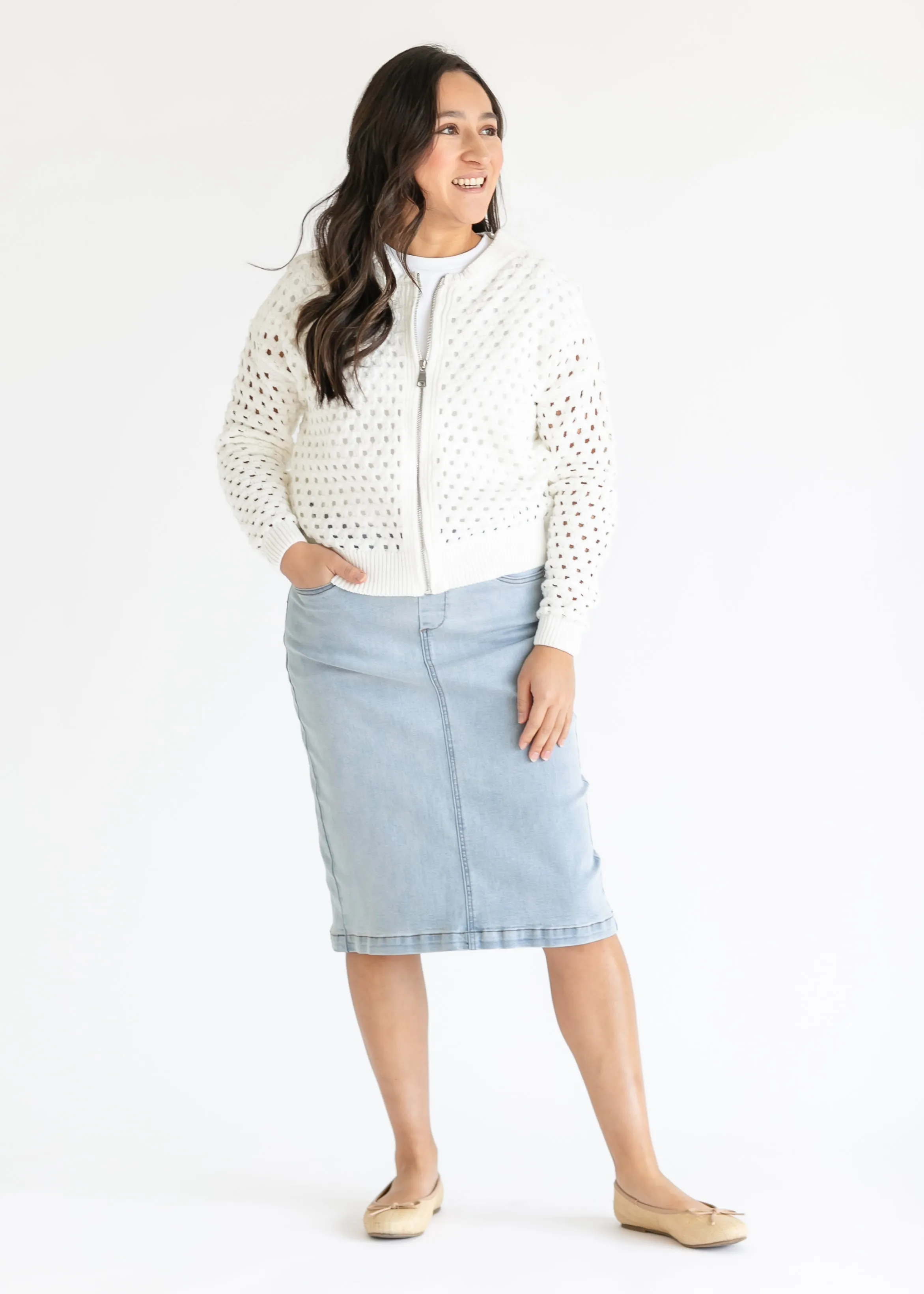 White Open Knit Zip Front Cardigan