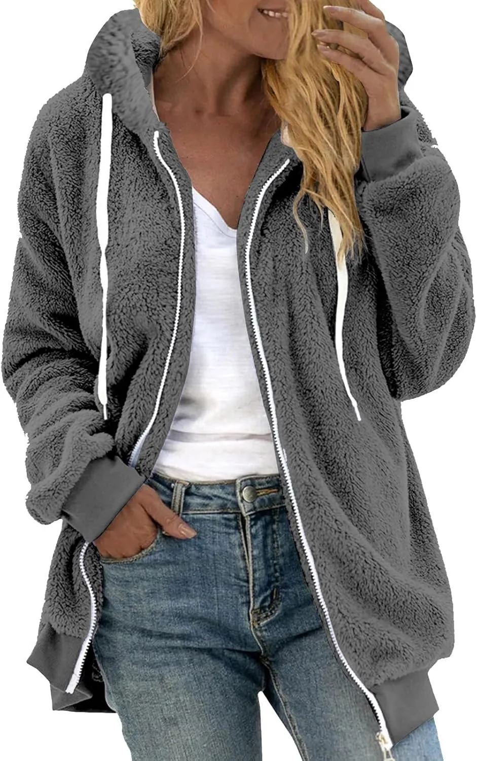 Winter Fleece Sherpa Hooded Jacket for Women Zip Up Casual Long Sleeve Drawstring Hoodies Soft Warm Jackets Outerwear