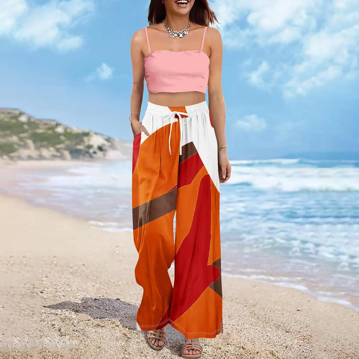 Women Casual High Waist Wide Leg Floral Palazzo Pants Summer Boho Flowy Beach Trousers with Pockets