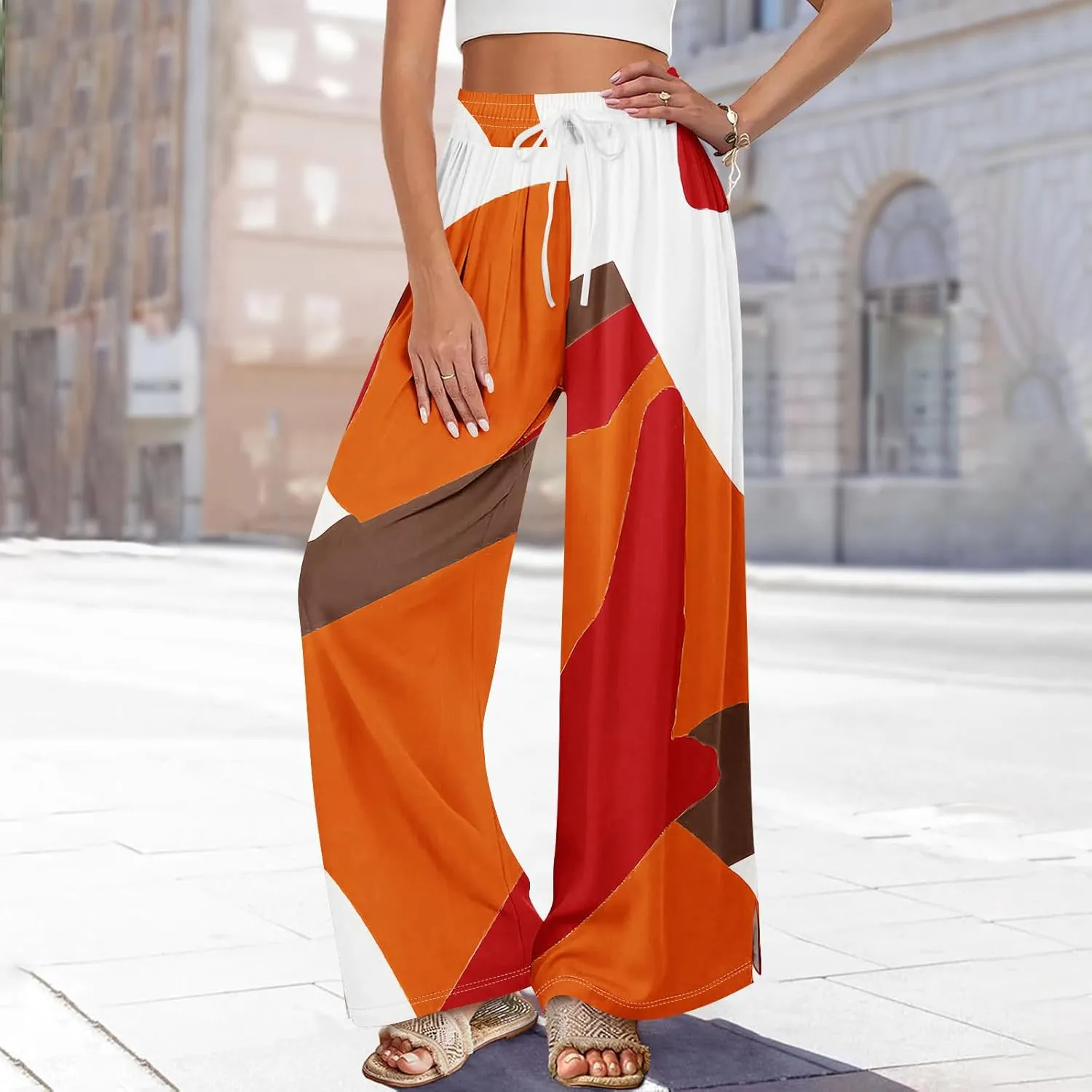 Women Casual High Waist Wide Leg Floral Palazzo Pants Summer Boho Flowy Beach Trousers with Pockets