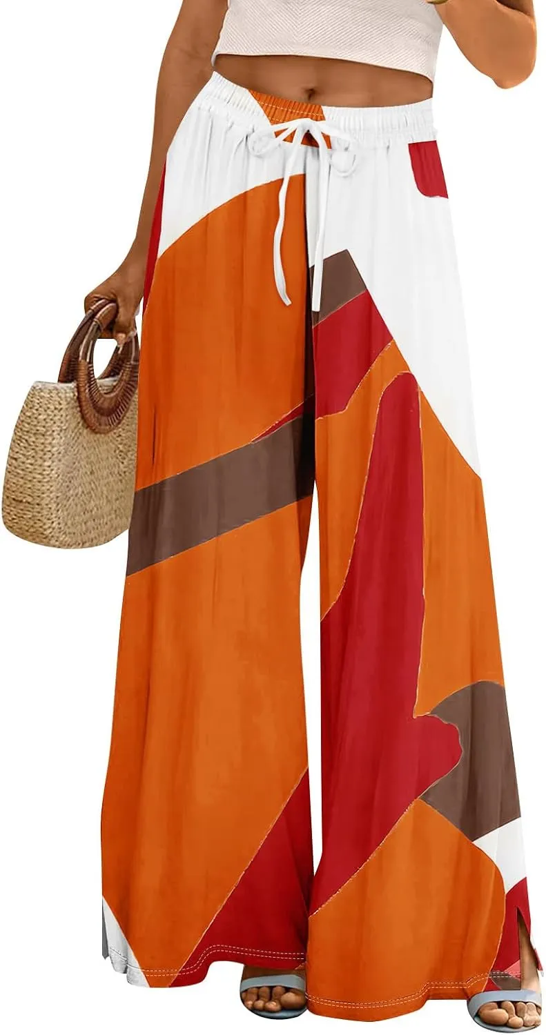 Women Casual High Waist Wide Leg Floral Palazzo Pants Summer Boho Flowy Beach Trousers with Pockets