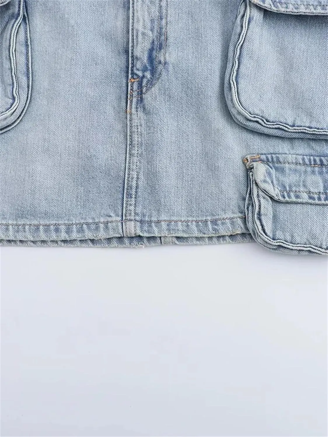 Women Fashion Pockets Front Zipper Denim Cargo Mini Skirt Vintage Mid Waist Chic Jeans Short Skirts