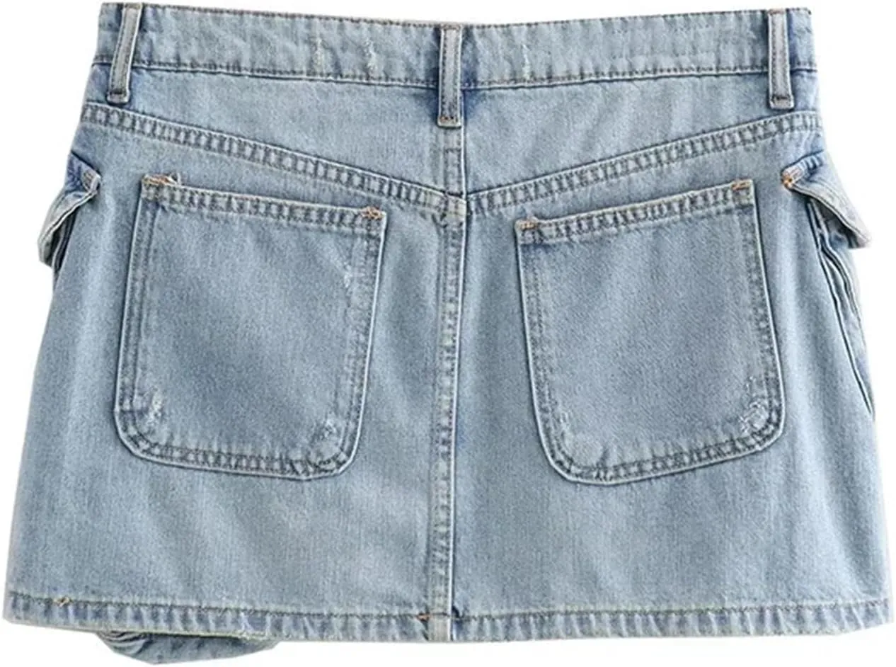 Women Fashion Pockets Front Zipper Denim Cargo Mini Skirt Vintage Mid Waist Chic Jeans Short Skirts