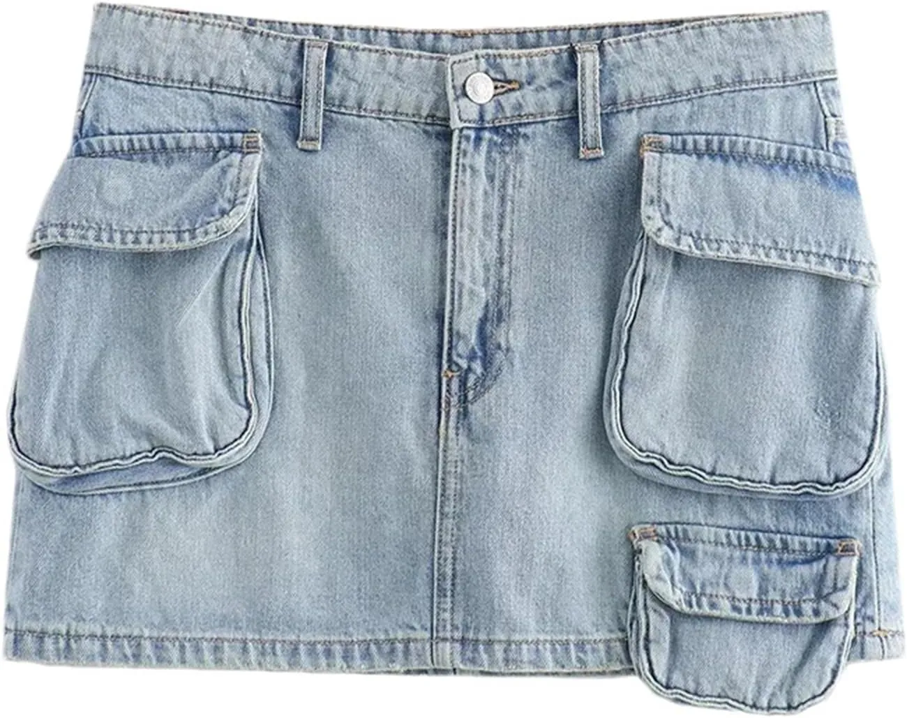 Women Fashion Pockets Front Zipper Denim Cargo Mini Skirt Vintage Mid Waist Chic Jeans Short Skirts