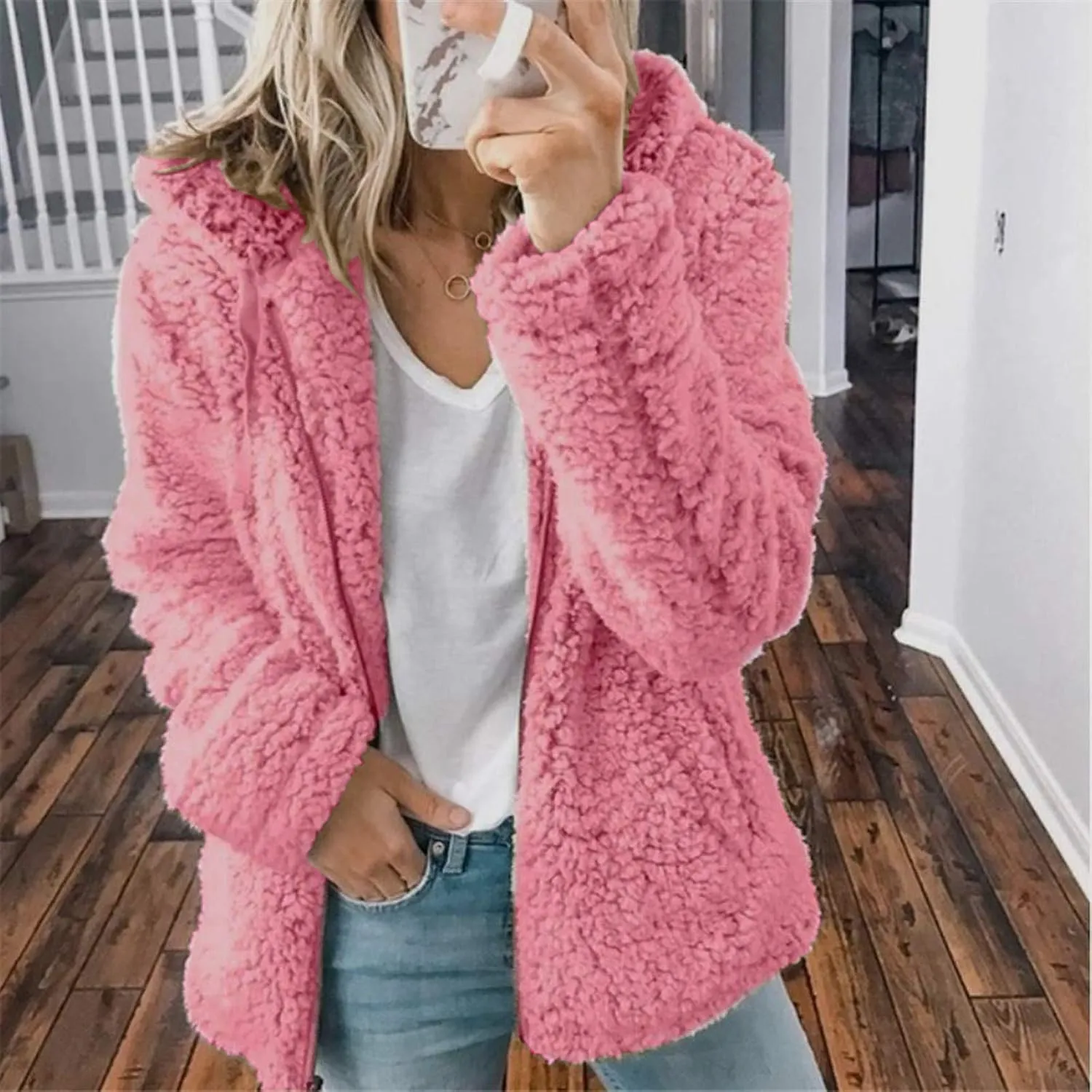 Women Fuzzy Fleece Zip Up Jacket Hooded Sherpa Lined Sweatshirt Casual Soft Fuzzy Shaggy Teddy Coat Fluffy Outerwear