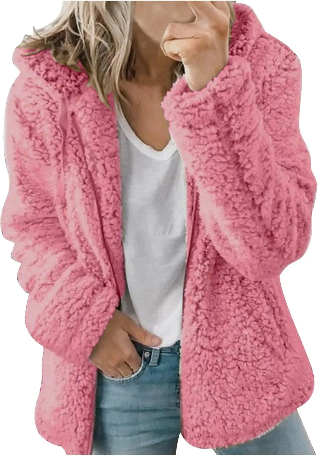 Women Fuzzy Fleece Zip Up Jacket Hooded Sherpa Lined Sweatshirt Casual Soft Fuzzy Shaggy Teddy Coat Fluffy Outerwear