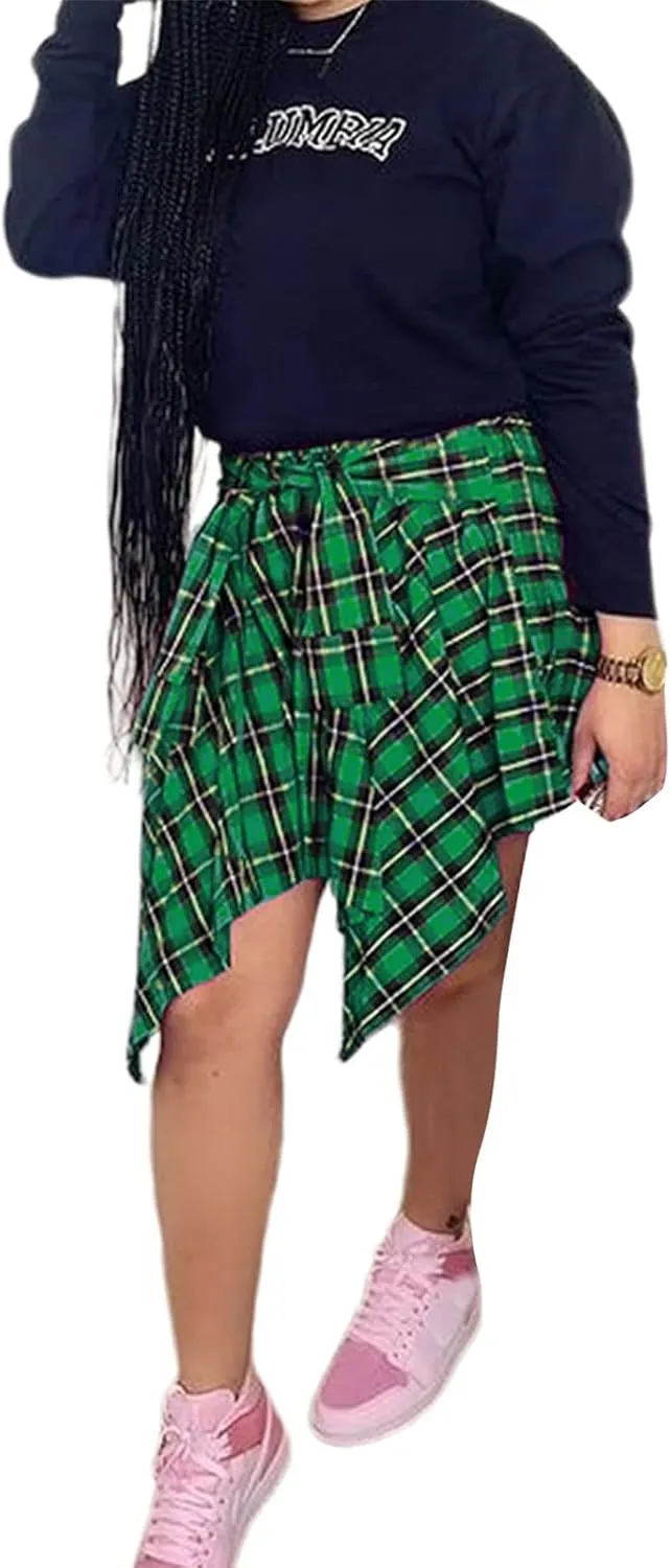 Women Irregular Hem Plaid Skirt High Waist Summer Knot Front Mini Skater Skirt Casual Pleated A Line Short Skirt