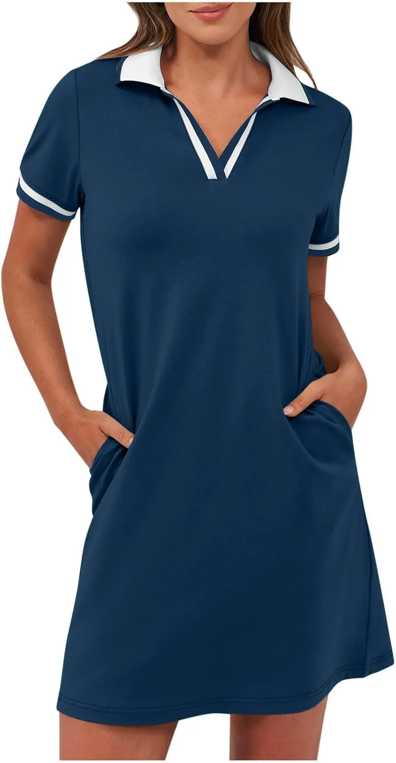 Women Lapel Short Sleeve Dresses 2025 Summer Casual Athletic Dress with Pocket, Ladies Golf Dress T-Shirt Dresses
