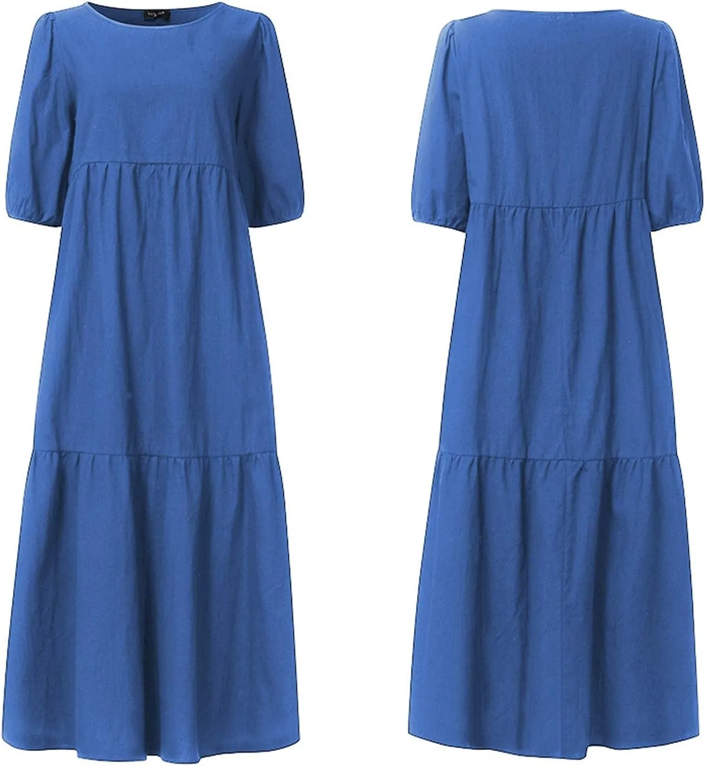 Women Puff Short Sleeve Linen Dress Summer Crewneck Flowy Tiered Maxi Dress Casual Plus Size Solid Long Dresses