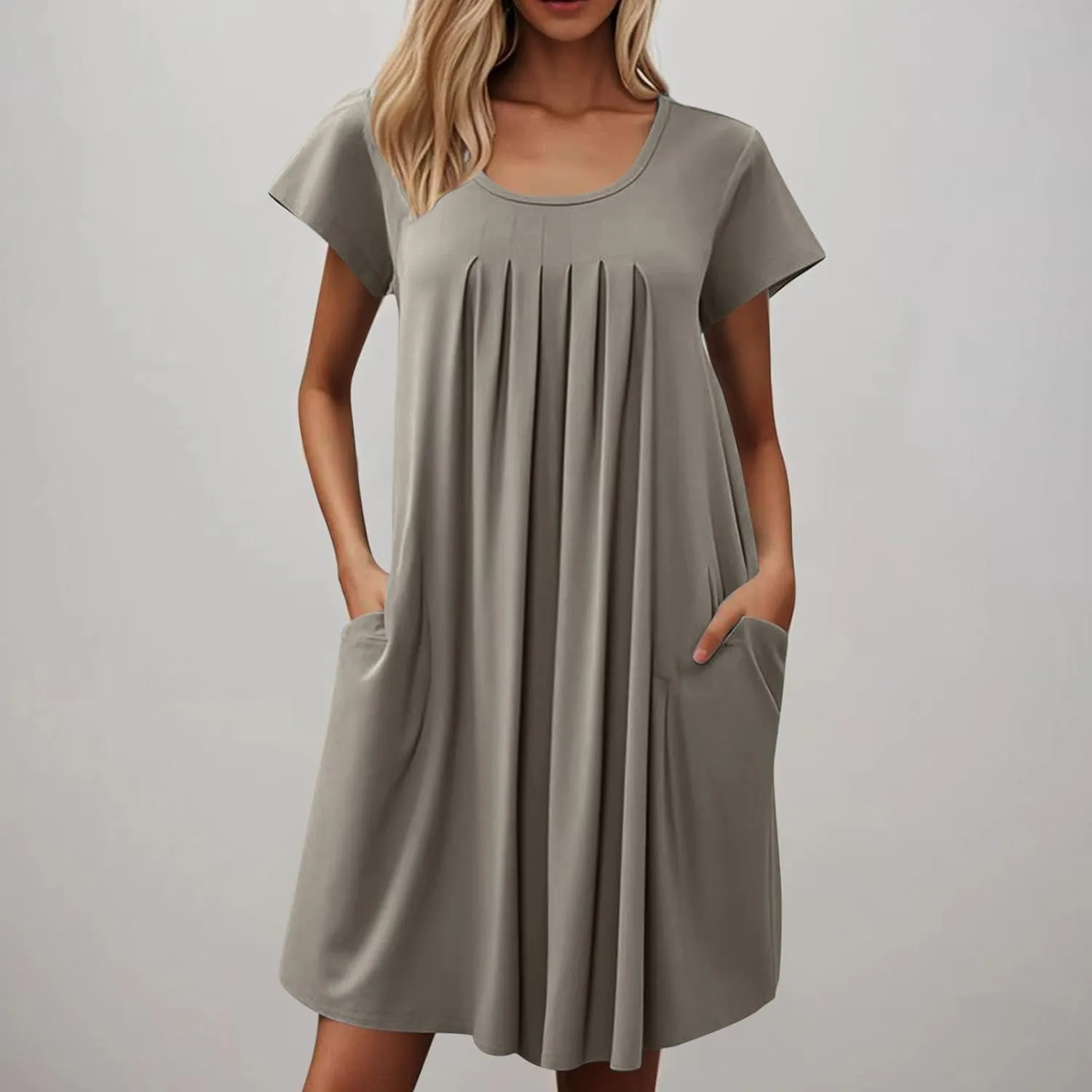 Women Summer T-Shirt Dresses Short Sleeve Pleated Front Swing A Line Dress Short Sleeve Causal Beach Vacation Dresses