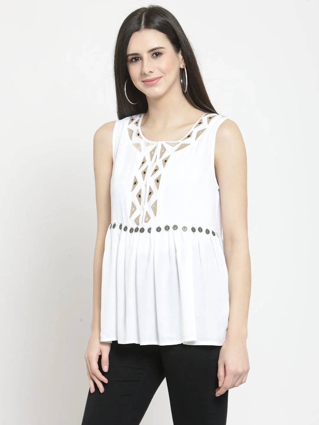 Women White Embellished Top With Drop Waist