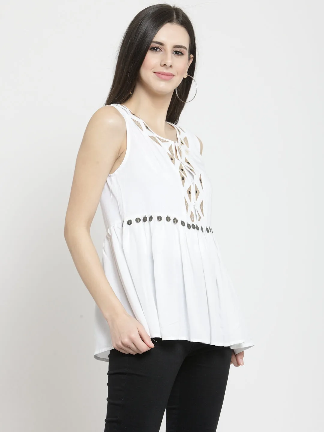 Women White Embellished Top With Drop Waist