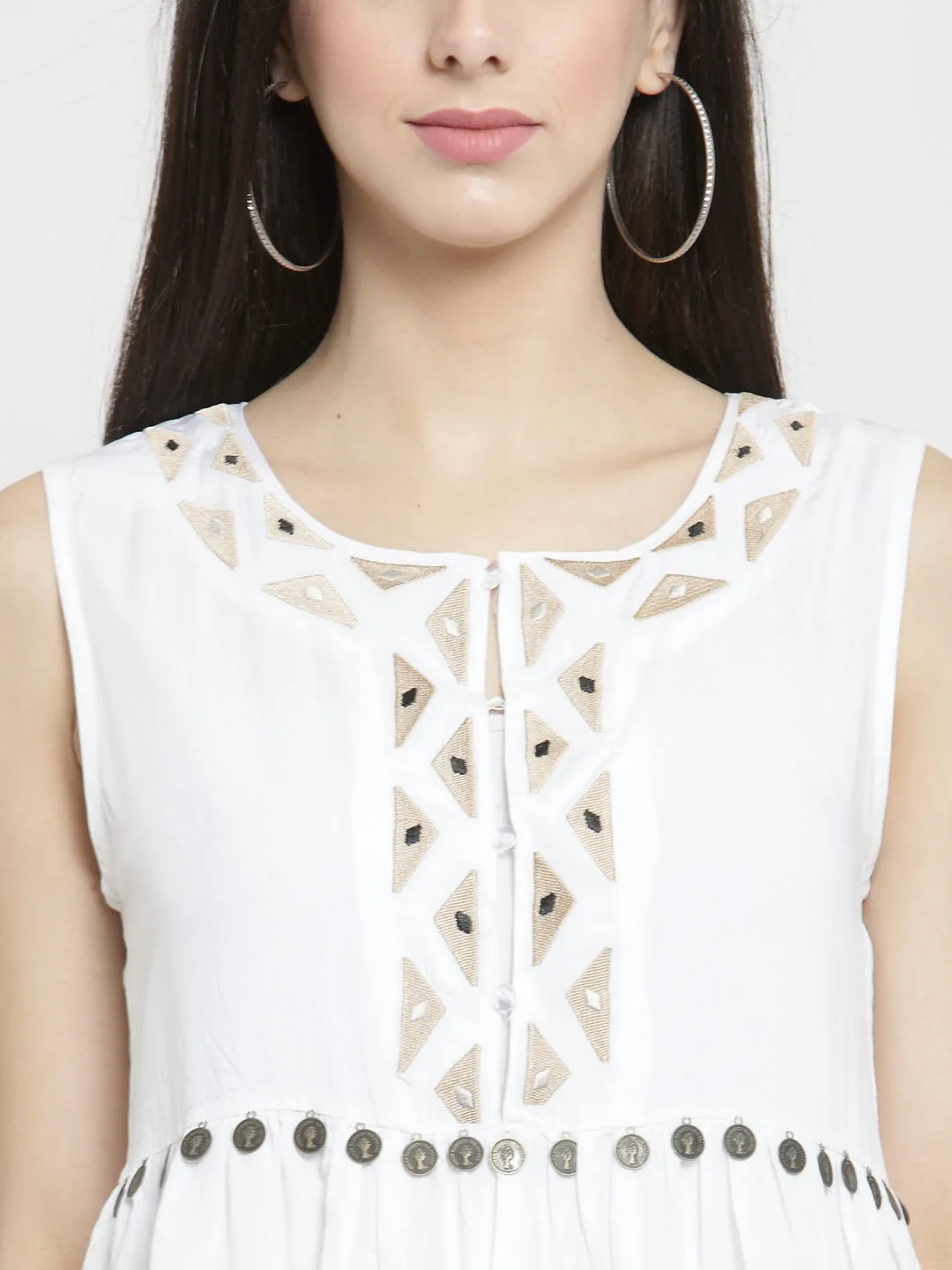 Women White Embellished Top With Drop Waist