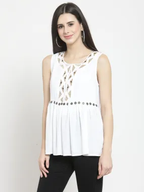 Women White Embellished Top With Drop Waist