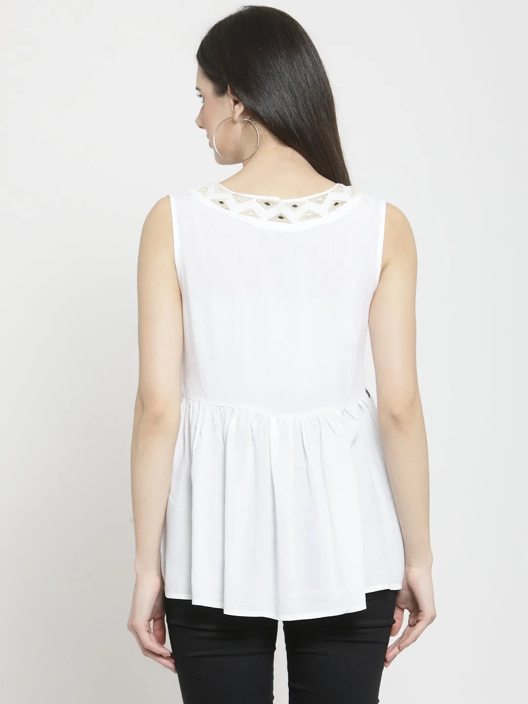 Women White Embellished Top With Drop Waist