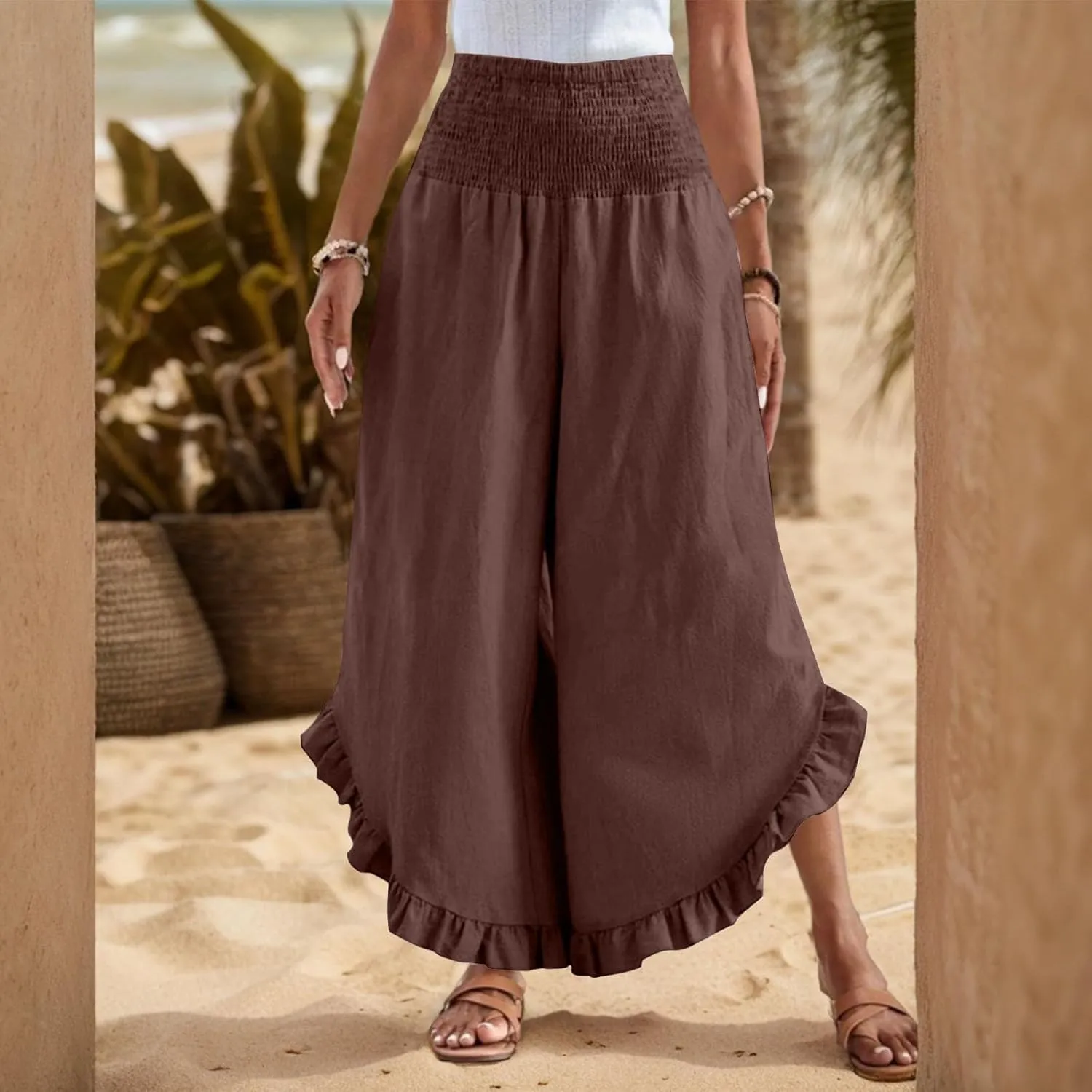 Womens 2025 Summer Cotton Linen Wide Leg Pants Smocked Waisted Beach Palazzo Ruffle Hem Lounge Trousers with Pocket
