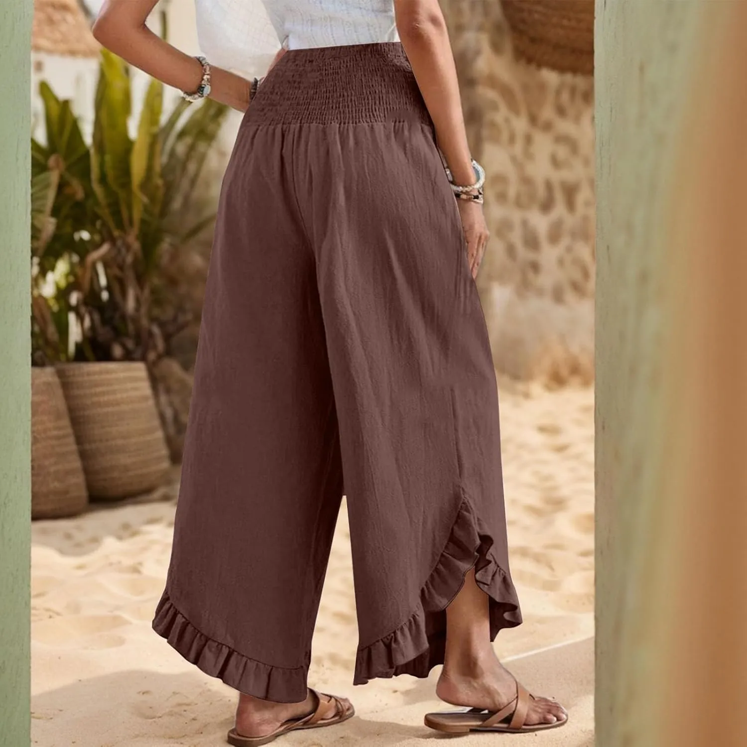 Womens 2025 Summer Cotton Linen Wide Leg Pants Smocked Waisted Beach Palazzo Ruffle Hem Lounge Trousers with Pocket
