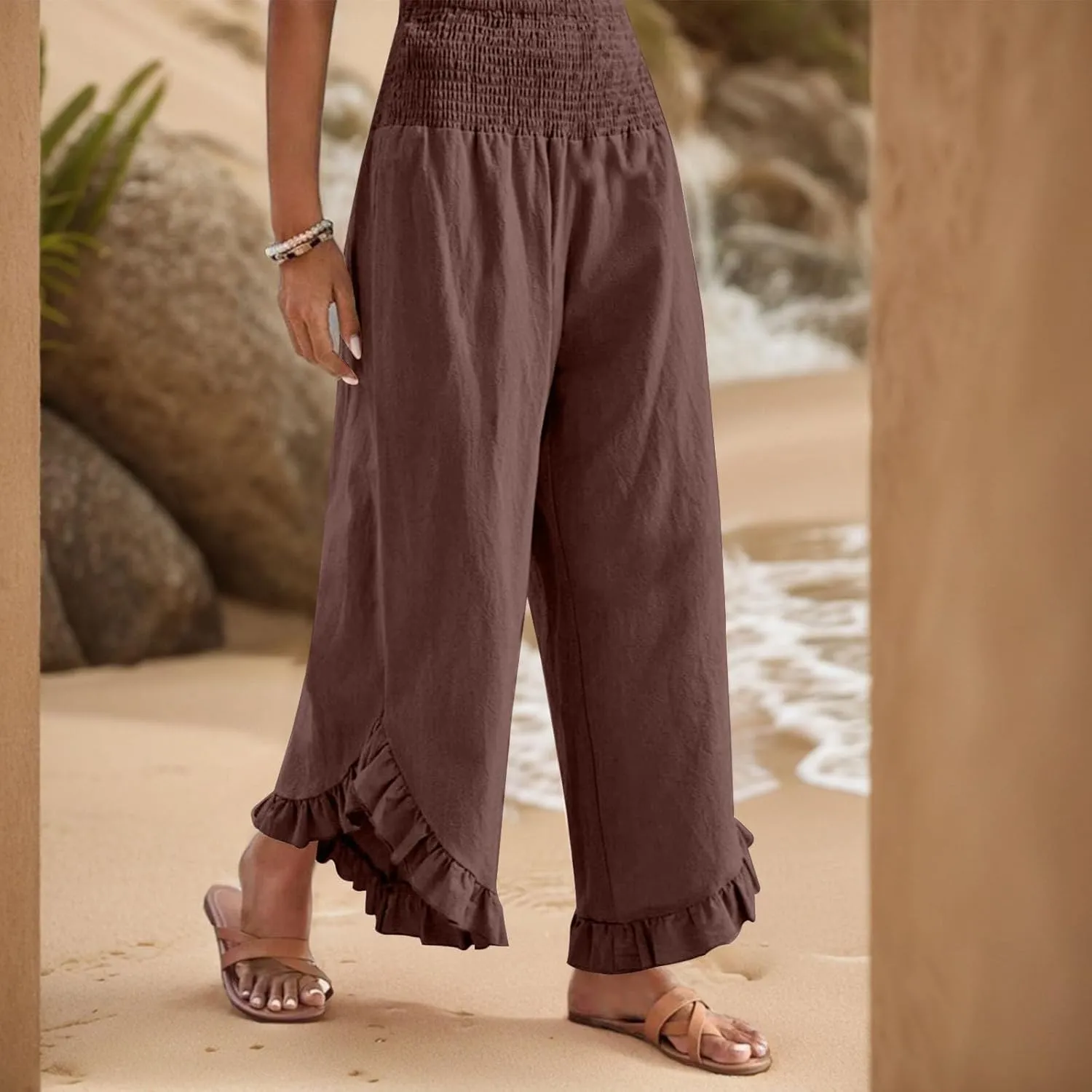 Womens 2025 Summer Cotton Linen Wide Leg Pants Smocked Waisted Beach Palazzo Ruffle Hem Lounge Trousers with Pocket