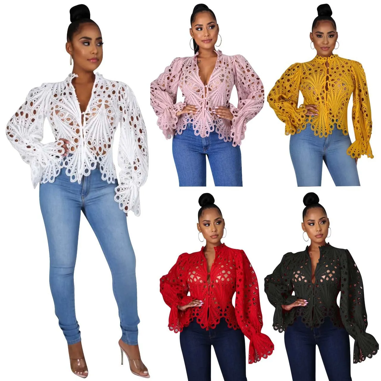 Women's Autumn Ripped Sexy Flare Sleeve Breathable Blouses