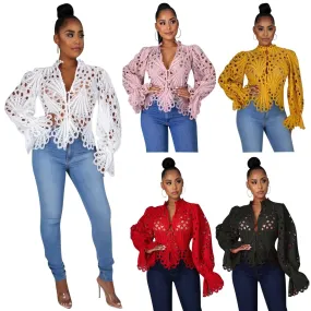 Women's Autumn Ripped Sexy Flare Sleeve Breathable Blouses