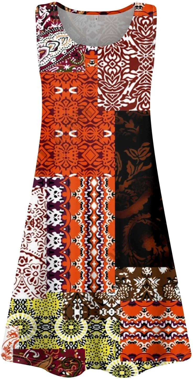 Women's Bohemian Midi Dress Crew Neck Colorful Summer Dress Sleeveless Sundress 2025 Casual Loose Flowy Dresses
