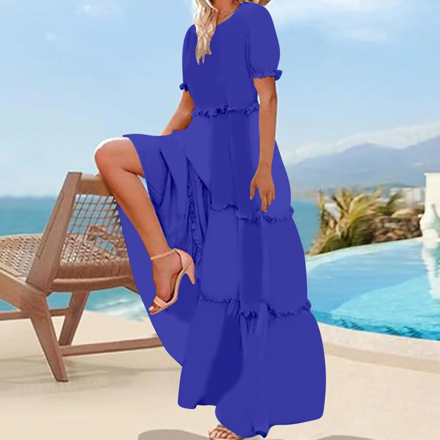 Womens Boho Dresses 2025 Summer Casual Maxi Dress Ruffle Short Sleeve Crewneck T-Shirt Dresses Tiered Cocktail Dress
