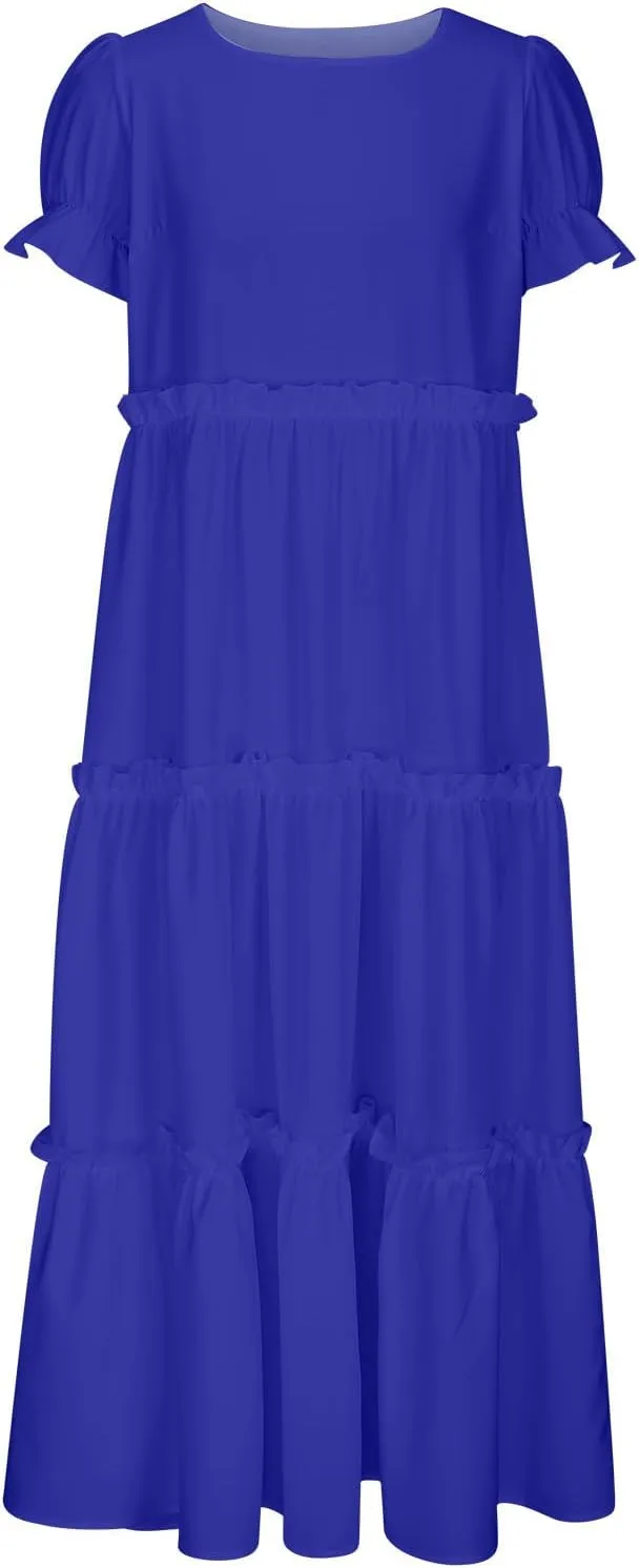 Womens Boho Dresses 2025 Summer Casual Maxi Dress Ruffle Short Sleeve Crewneck T-Shirt Dresses Tiered Cocktail Dress