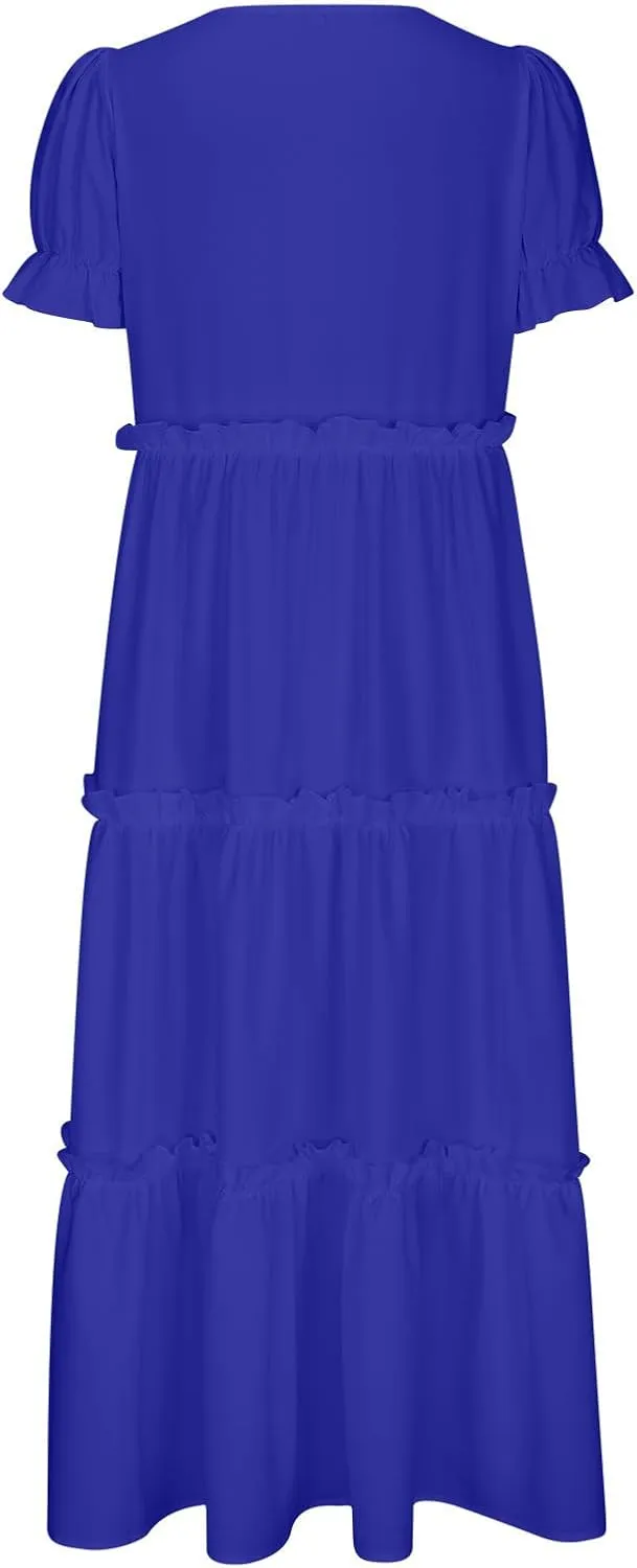 Womens Boho Dresses 2025 Summer Casual Maxi Dress Ruffle Short Sleeve Crewneck T-Shirt Dresses Tiered Cocktail Dress