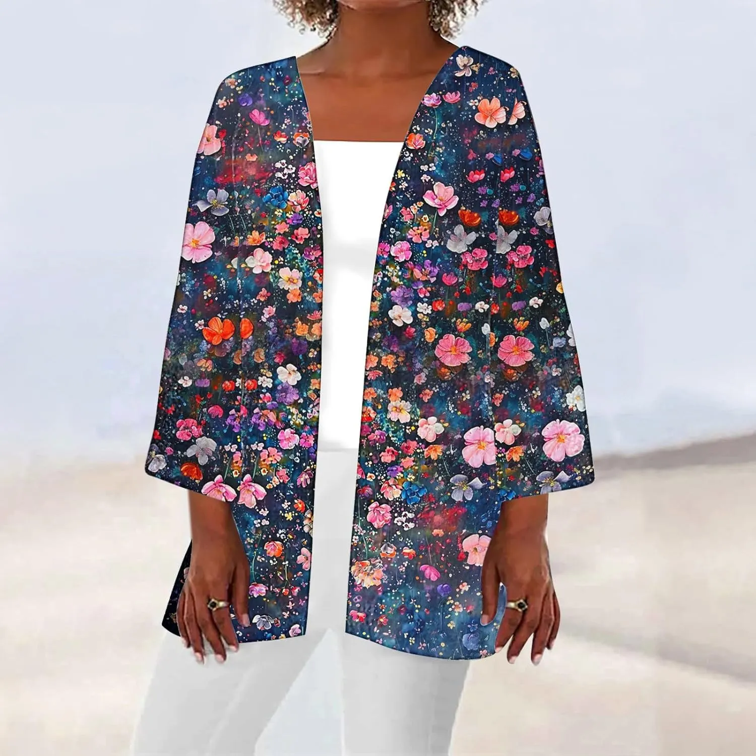 Women's Boho Floral Print 3/4 Sleeve Cardigans Loose Fit Cover Up Casual Blouses Cardigan Vacation Cover Up Tops