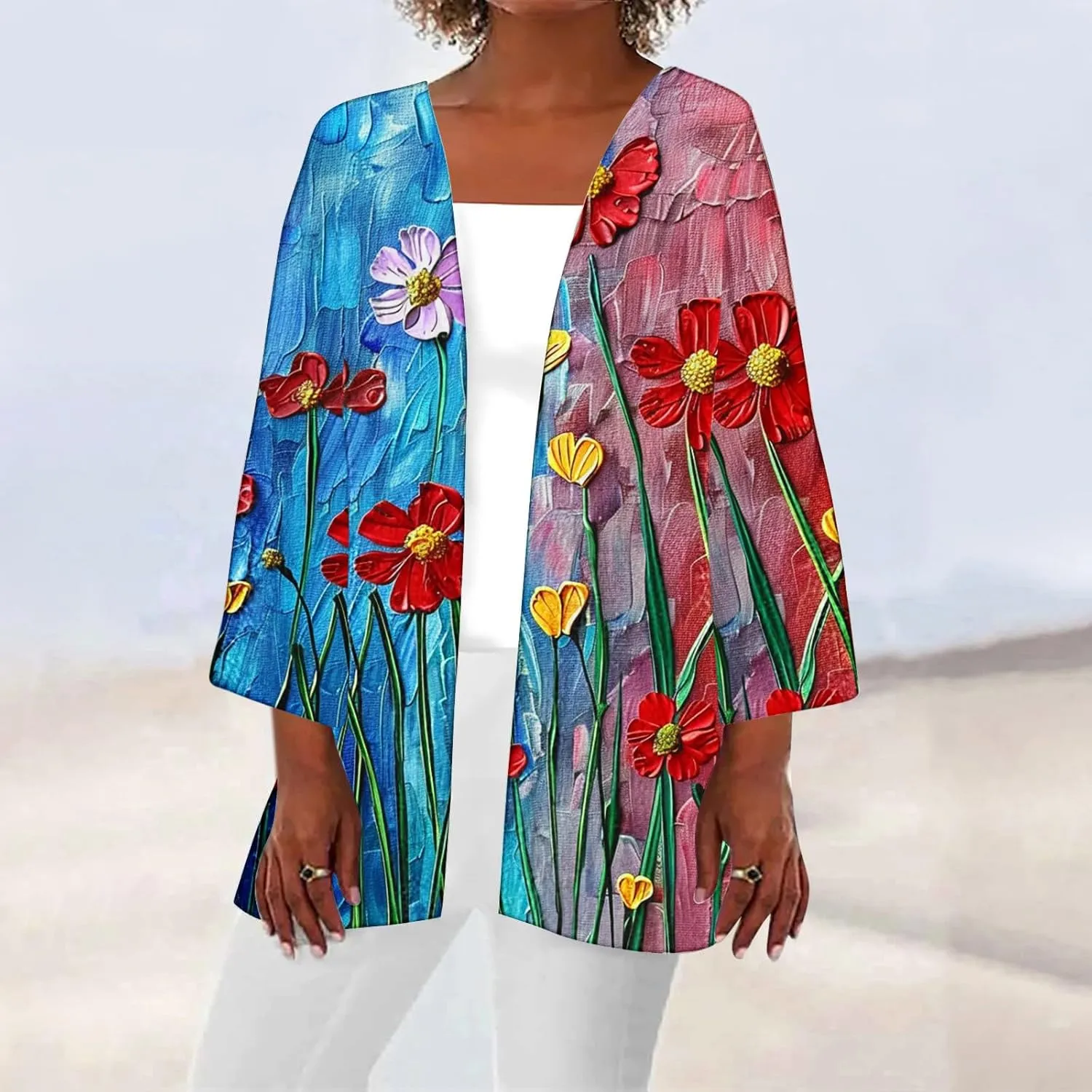 Women's Boho Floral Print 3/4 Sleeve Cardigans Loose Fit Cover Up Casual Blouses Cardigan Vacation Cover Up Tops