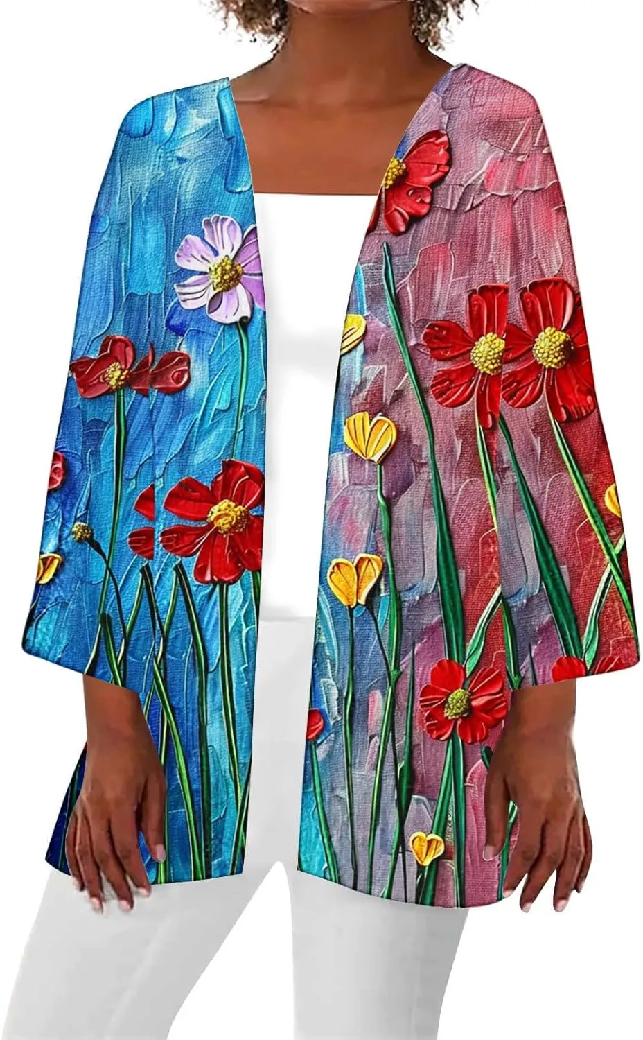 Women's Boho Floral Print 3/4 Sleeve Cardigans Loose Fit Cover Up Casual Blouses Cardigan Vacation Cover Up Tops