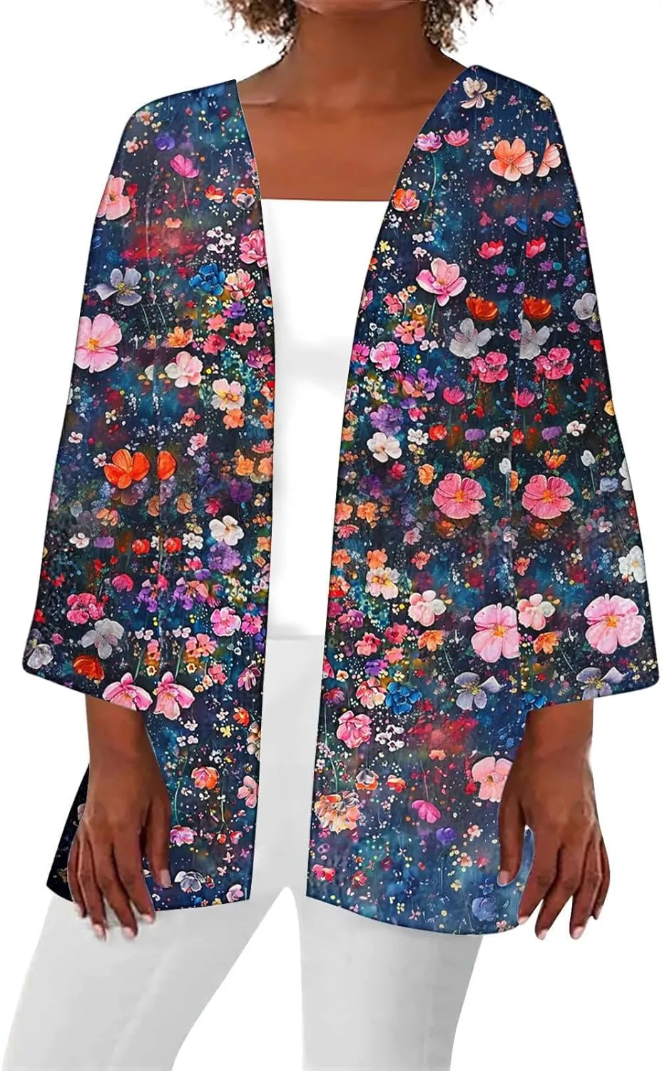 Women's Boho Floral Print 3/4 Sleeve Cardigans Loose Fit Cover Up Casual Blouses Cardigan Vacation Cover Up Tops