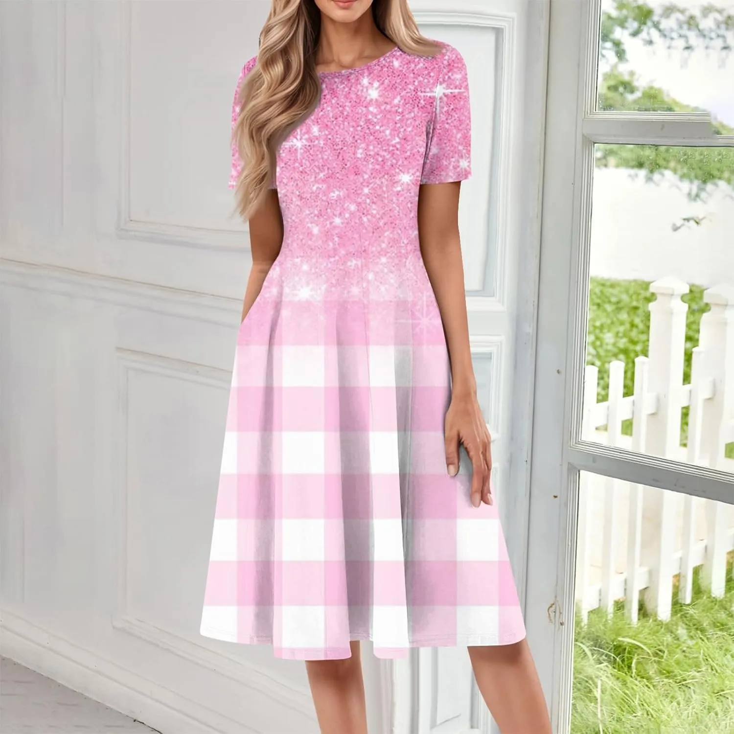 Women's Casual Dresses 2025 Summer Loose Trendy Short Sleeve Crew Neck Sequin Stripe Floral Print Dress Plus Size, S-3XL