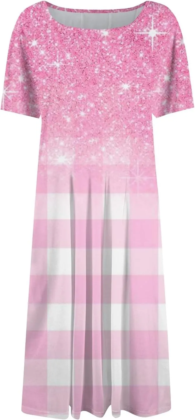 Women's Casual Dresses 2025 Summer Loose Trendy Short Sleeve Crew Neck Sequin Stripe Floral Print Dress Plus Size, S-3XL