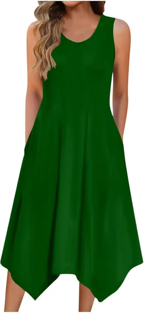 Women's Casual Summer Dress 2025 Sleeveless Dress Handkerchief Hem Midi Tank Dresses Beach Dress with Pockets