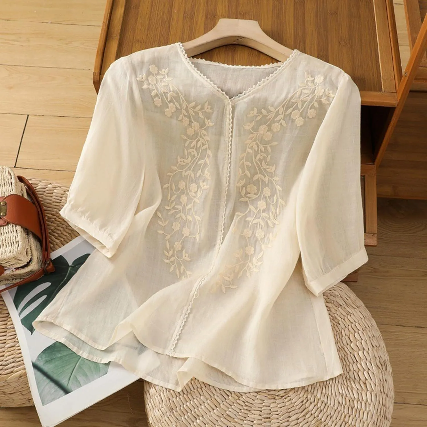 Womens Embroidered Shirt V Neck Long Sleeve Cotton Linen Summer Casual Dressy Blouse Tops Loose Tshirt