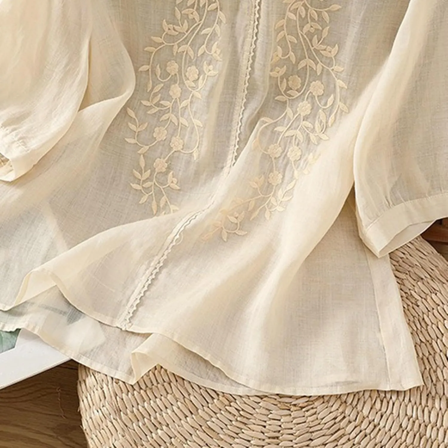 Womens Embroidered Shirt V Neck Long Sleeve Cotton Linen Summer Casual Dressy Blouse Tops Loose Tshirt