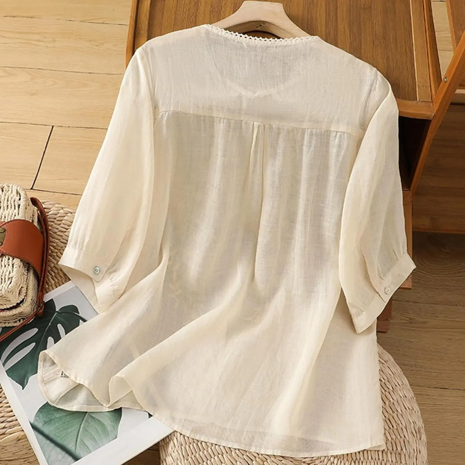 Womens Embroidered Shirt V Neck Long Sleeve Cotton Linen Summer Casual Dressy Blouse Tops Loose Tshirt