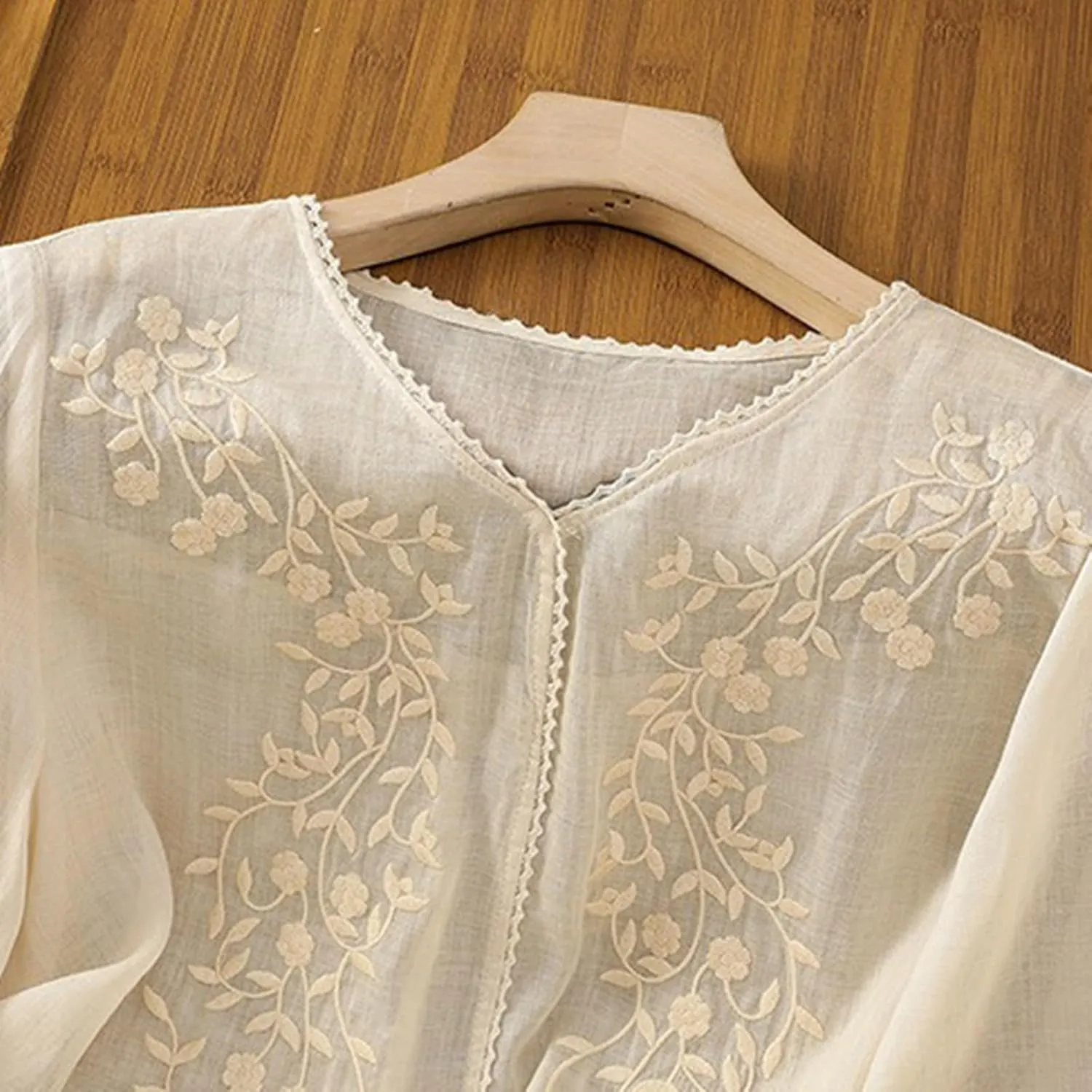 Womens Embroidered Shirt V Neck Long Sleeve Cotton Linen Summer Casual Dressy Blouse Tops Loose Tshirt