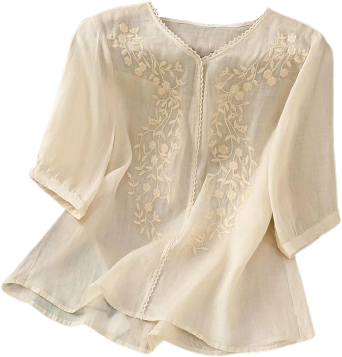 Womens Embroidered Shirt V Neck Long Sleeve Cotton Linen Summer Casual Dressy Blouse Tops Loose Tshirt