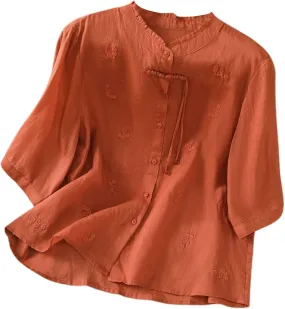 Womens Embroidery Shirts Solid Long Sleeve Cotton Linen Summer Casual Fashion Blouse Tops Loose T Shirt