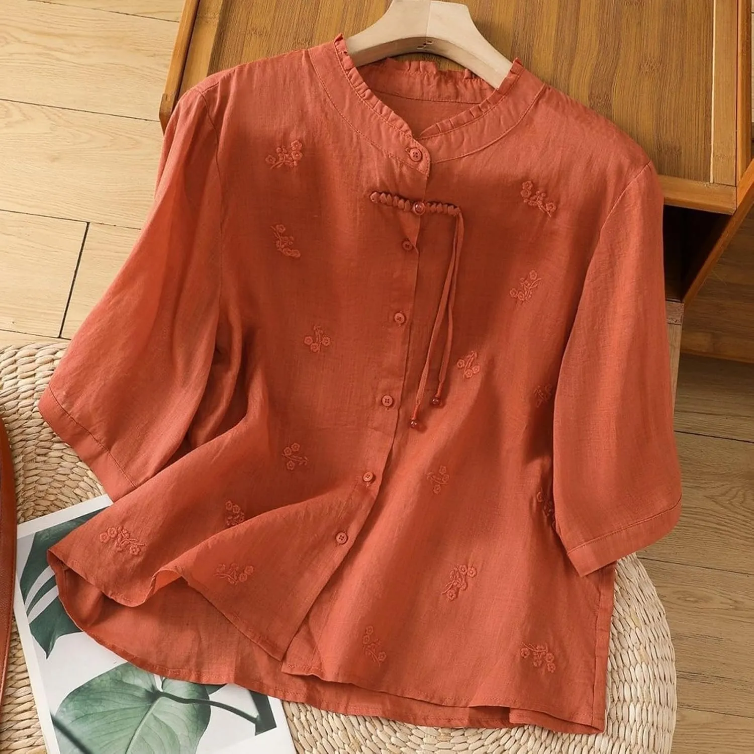 Womens Embroidery Shirts Solid Long Sleeve Cotton Linen Summer Casual Fashion Blouse Tops Loose T Shirt