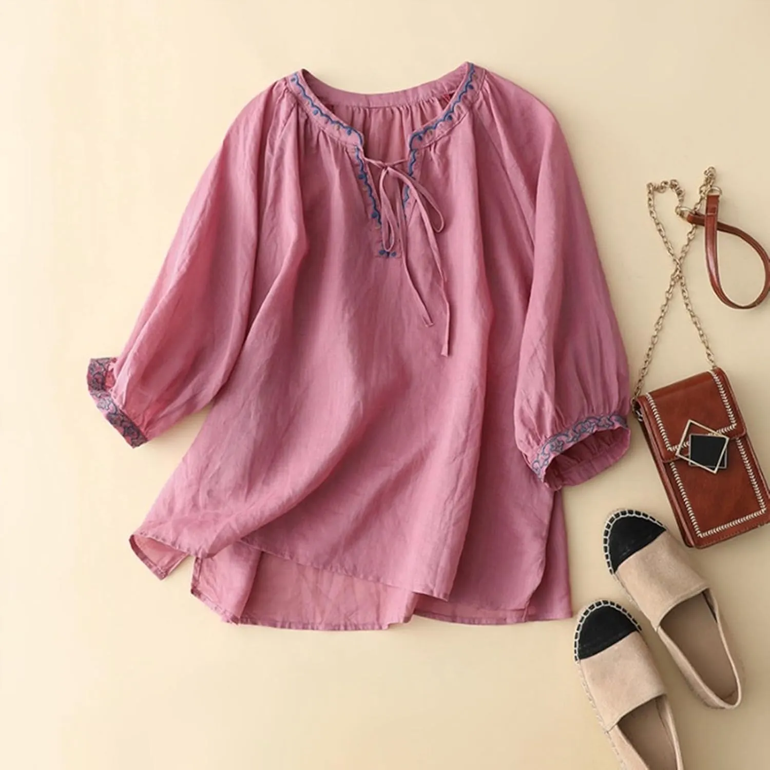 Womens Linen Shirts V-Neck Embroidery Blouse Floral Print 2025 Summer Tee Shirts Short Sleeve Loose T-Shirt