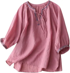 Womens Linen Shirts V-Neck Embroidery Blouse Floral Print 2025 Summer Tee Shirts Short Sleeve Loose T-Shirt