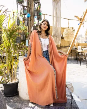Women's Miral Abbaya - Orange Shimmer Satin Abaya Cardigan Dress, Made in Egypt - One Size Fit
