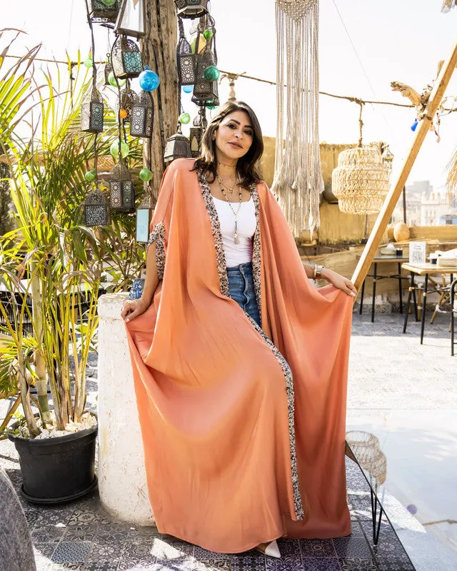 Women's Miral Abbaya - Orange Shimmer Satin Abaya Cardigan Dress, Made in Egypt - One Size Fit
